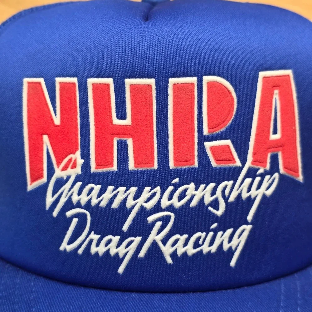 Vintage NHRA Drag Racing Cap Trucker Hat Blue Mesh Snapback Top Eliminator